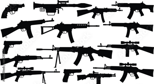 Military and Army Weapons Silhouettes Vector Set, Rifles, Assault Guns, Sniper Rifles, Handguns, and Rocket Launcher Design, Firearms Collection for Tactical and Security Graphics, Isolated.