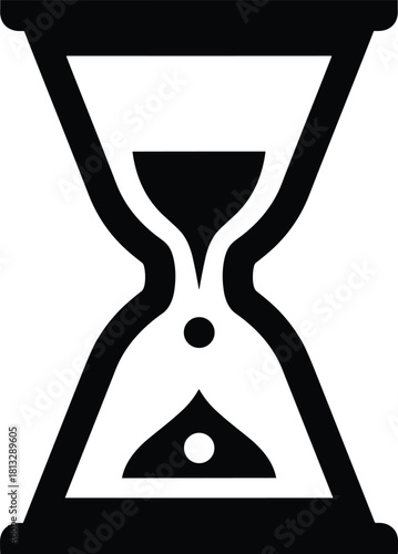 Black hourglass icon with sand falling from top bulb to bottom sand timer time