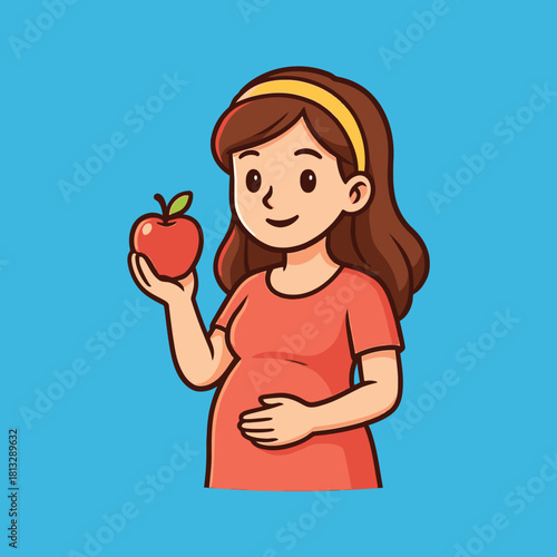 Cartoon Pregnant Woman Holding a Red Apple with Green Leaf.
