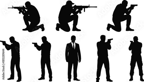 Military and Security Silhouettes Vector Illustration, Armed Forces Agents, Private Security, Police, and Special Forces Training Poses, Men with Rifles and Handguns, Action Stance, Isolated on White.