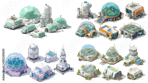 A detailed collection of futuristic biodomes and eco research bases featuring greenhouses, space labs, domed habitats, and innovative sustainable architecture in a sci fi style.