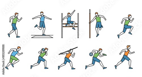 Vector illustration of decathlon athletes performing different events.