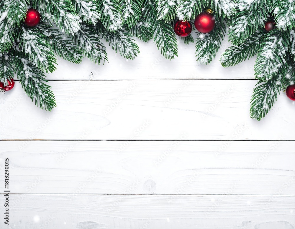 Christmas and New Year background with fir branches and snowfall on wooden white board