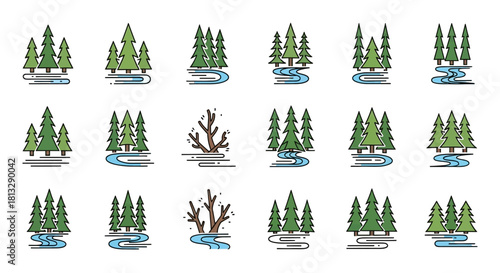 A collection of stylized forest icons featuring evergreen trees and water elements, with a bare tree included.