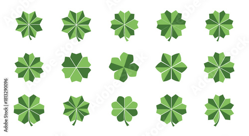 Collection of stylized green shamrocks and clovers in various designs and arrangements, symbolizing luck and St. Patrick's Day.