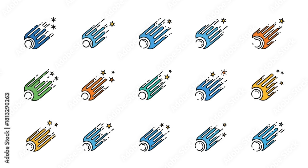 Fototapeta premium Collection of colorful cartoon shooting star icons with various color schemes and star trails.