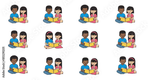 Illustration of couples reading books together in a grid pattern.