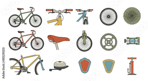 Illustration of various bicycle parts and complete bikes.