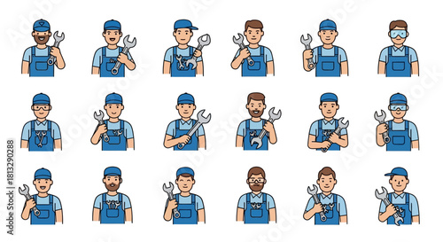 Collection of cartoon mechanics holding wrenches in various poses and expressions.