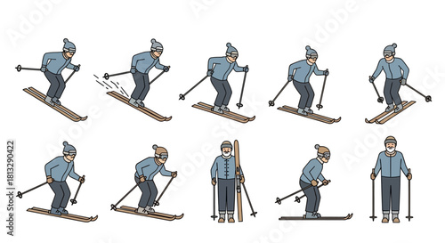 Illustration showing the different stages of a person skiing down a slope.