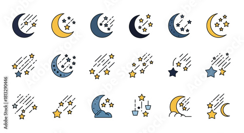 Collection of stylized crescent moons and shooting stars in various color schemes, isolated on white.