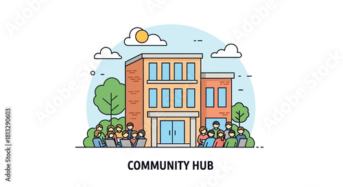 Illustration of a community hub building with people outside.