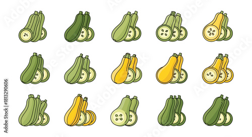 Cartoon illustration of zucchini vegetables in various colors and arrangements, isolated on white background.