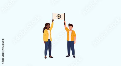 Two people holding up a flag with a symbol on it, standing on a light blue background.