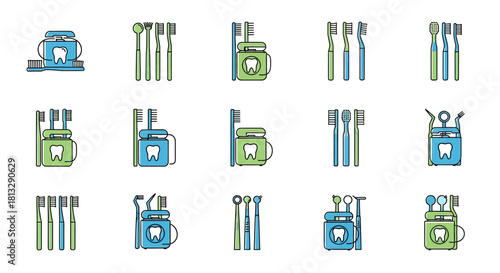 Collection of dental hygiene icons featuring toothbrushes, floss, and dental tools in a cartoon style.