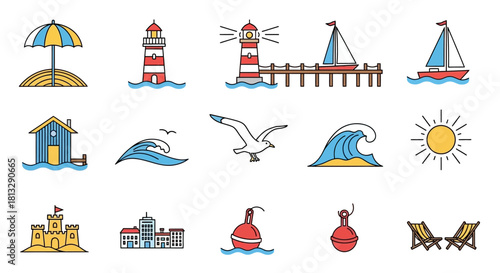 Collection of beach themed icons including lighthouses, waves, boats, and beach chairs.