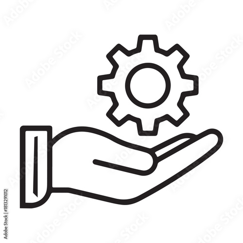 Hand holding a gear icon representing support for mechanical engineering and business solutions