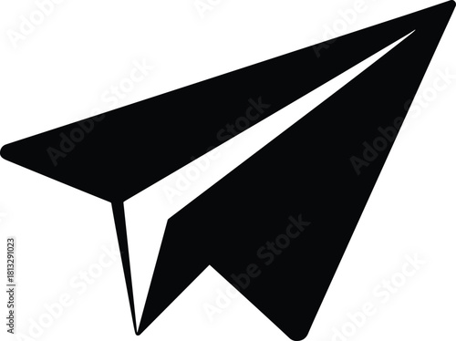 Black paper airplane icon on white background with sharp angles origami flight