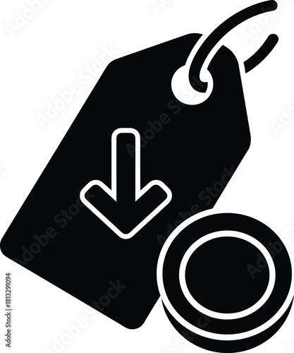 Black price tag with down arrow and stacked coins icon label sale