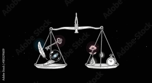 Cuadro en lienzo Symbolic scales balancing cosmic wonder and earthly beauty, representing life's profound contrasts and interconnectedness for insightful concepts