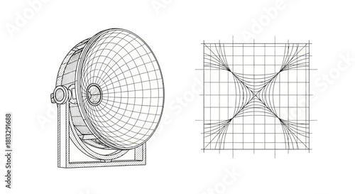 Tableau sur toile Intricate engineering blueprint of a parabolic reflector alongside a complex mat