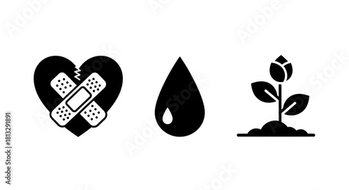 Healing a broken heart, nurturing growth, and the essence of life symbolized by a drop, representing hope and new beginnings.