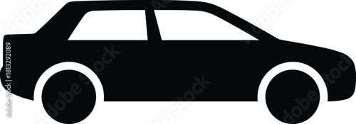 Black silhouette of a four door sedan car with white wheels on white background automobile vehicle