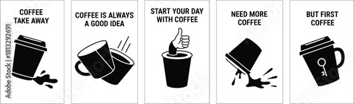 Creative Coffee Quotes Vector Set – Minimal Black & White Coffee Cup Illustrations