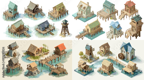 A detailed collection of coastal stilt houses featuring wooden cabins, bridges, docks, watermills, and rustic waterfront architecture built above calm blue waters.