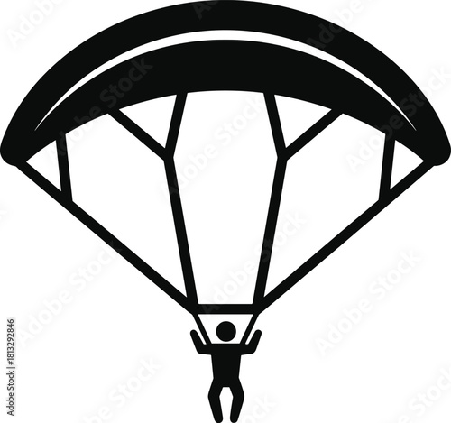 Black silhouette of a person skydiving with a parachute skydiver black and white