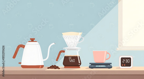 Pour Over Coffee Brewing at Home Illustration and Preparation