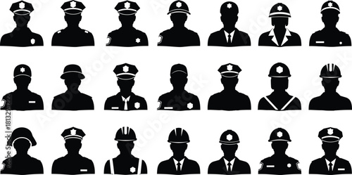 Police Officers and Security Personnel Silhouettes Vector Set, Law Enforcement Avatars, Policemen in Uniforms and Helmets, Public Safety, Guard Profile, and Protection Graphic Illustration, Isolated.