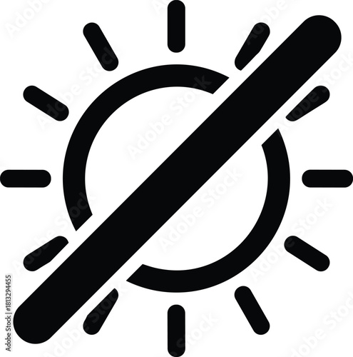 Black sun icon with diagonal line across it on white background symbol weather