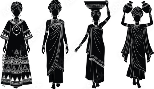 Set of African women silhouettes wearing traditional attire, headwraps, and jewelry, carrying water pots and baskets, representing cultural heritage, tradition, and indigenous life, isolated on white.