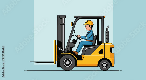 Cartoon construction worker driving forklift flat vector illustration.
