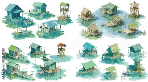 A vibrant collection of water village houses featuring floating stilt homes, wooden platforms, boats, and aquatic settlements built above shallow blue waters.