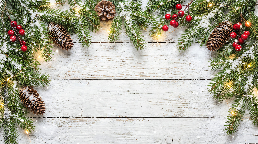 Christmas and New Year background with fir branches and snowfall on wooden white board