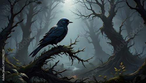 Dark Blue Bird on Moss-Covered Branch in Moody Forest Setting