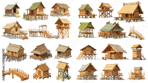 A detailed collection of wooden stilt houses featuring raised cabins, bamboo structures, rustic bridges, and traditional elevated huts inspired by rural village architecture.