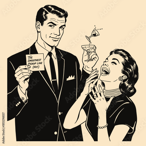 Vintage Comic Couple Woman Laughing and Spilling Drink at Pickup Line