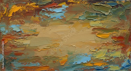 Abstract painting with a palette knife texture, featuring a blend of warm and cool colors.