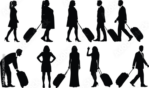 Set of business men and women silhouettes walking with rolling luggage and suitcases, representing travel, airport, vacation, and corporate journey concepts, 