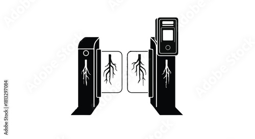 Modern entry gate with glowing root system illustration, symbolizing access to nature or organic technology.
