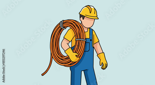 Cartoon construction worker carrying coiled cable flat vector.
