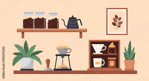 Coffee shop interior illustration with brewing setup and plants