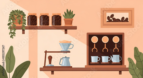 Coffee Bar Illustration: Home Cafe Setup with Plants and Coffee Equipment