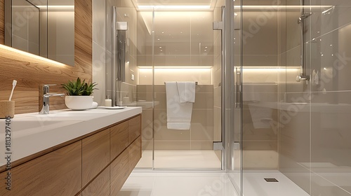 Small modern bathroom glass shower wooden cabinet high resolution picture