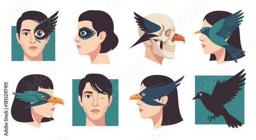 Tableau sur toile Surreal artistic portraits blend human faces with avian elements creating a uniq