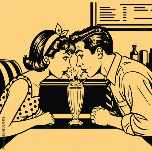 Vintage Comic Style Couple Shared Milkshake Disaster in Diner Vector Illustration