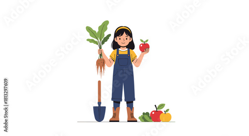 A smiling young farmer in overalls holds a freshly harvested root vegetable and a red apple, with gardening tools and fresh produce.